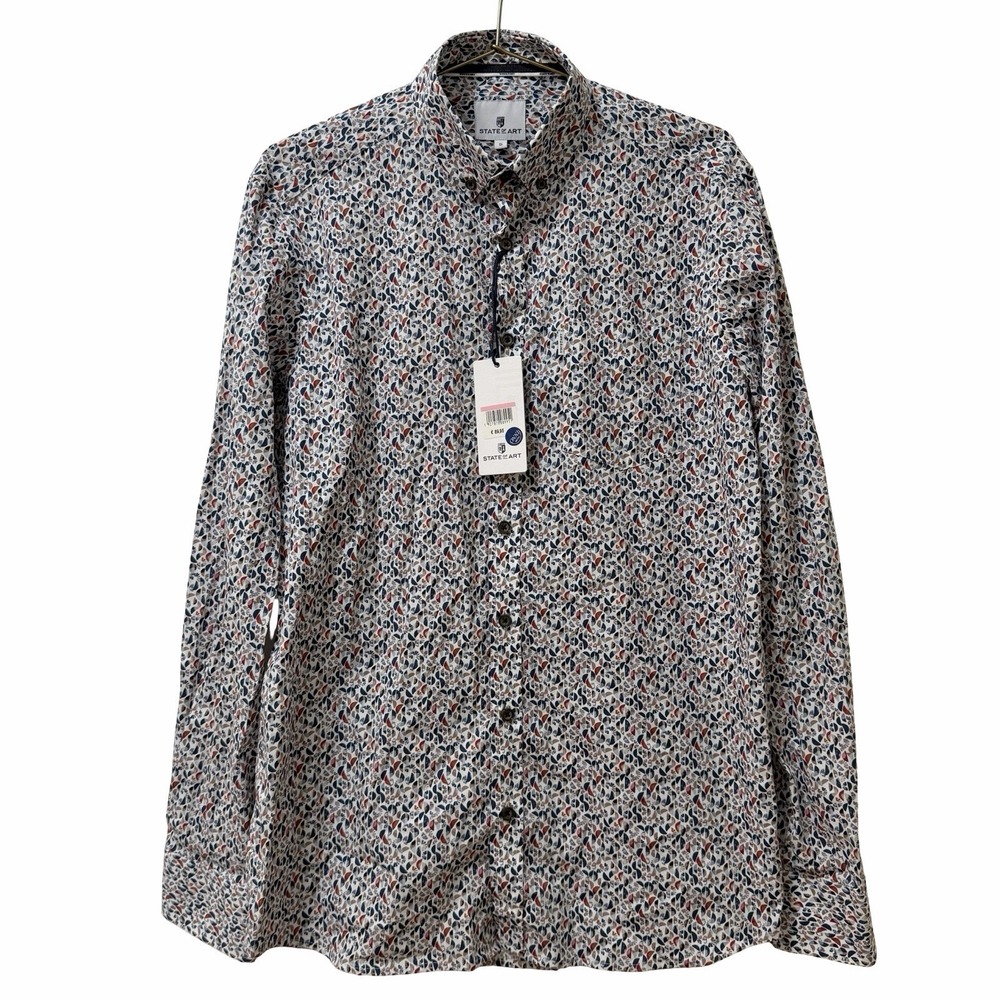 State of‎ Art Mens Poplin Geometric All Over Print Button Up Shirt Size S Office